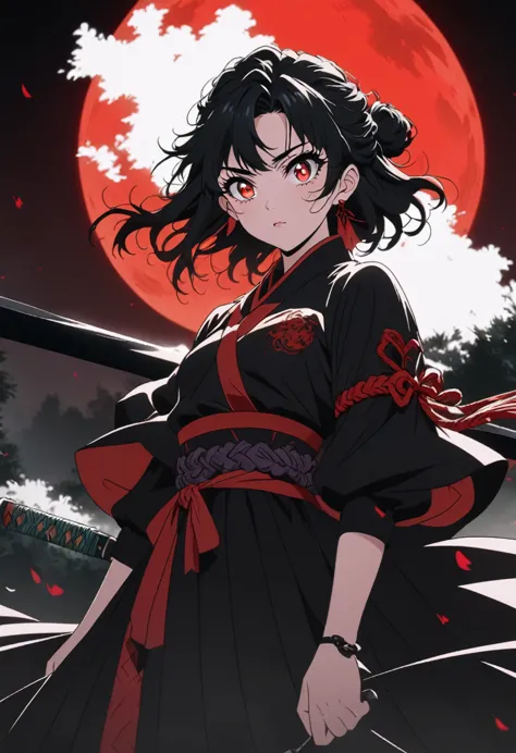 anime girl with black hair and red eyes standing in front of a red moon, demon slayer louis fan art, demon slayer art style, ani...