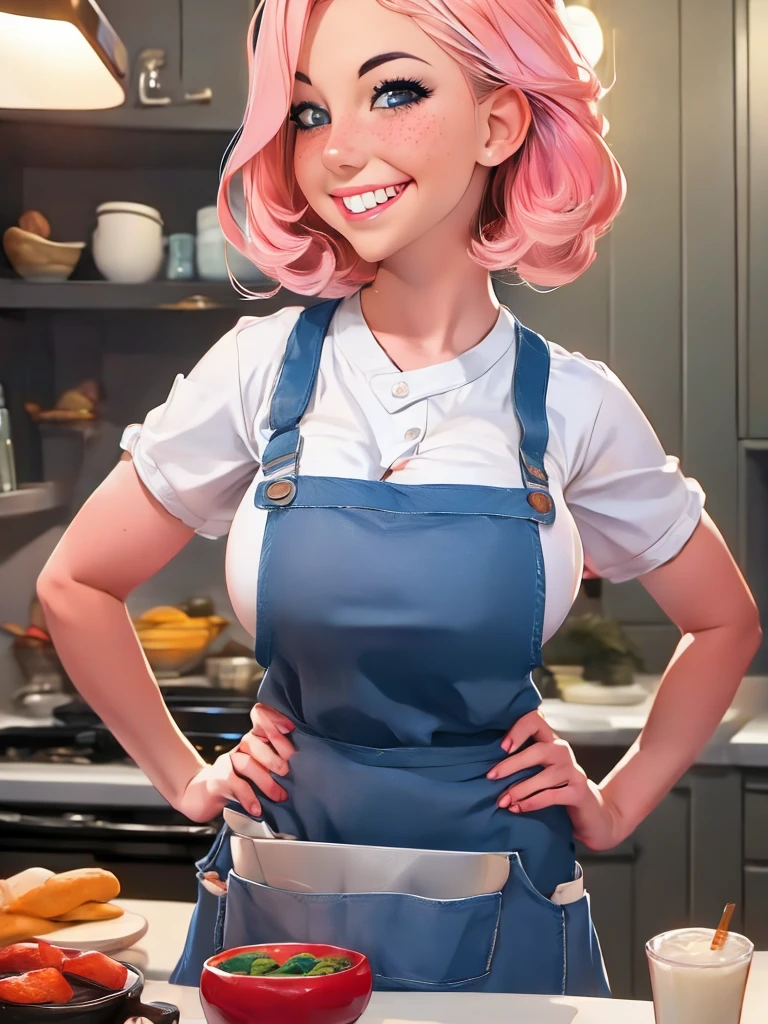 a closeup portrait of a girl, classic bob, apron, amazing body, pronounced feminine feature, busty, kitchen, [ash blonde | ginger | pink hair], freckles, flirting with camera