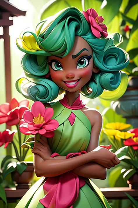 he lush green and green leaves of a peaceful garden adorn the surface of a vibrant watercolor cartoon girl, but with a deep smil...