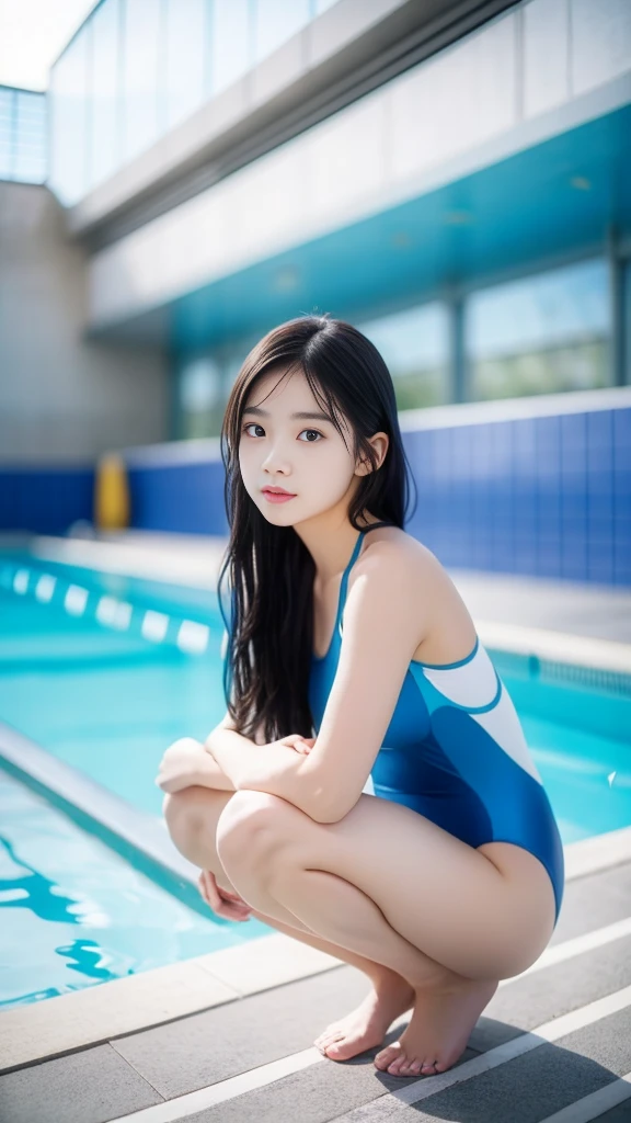 A young woman with long black hair、Wearing a blue one-piece swimsuit with white trim、Crouching by an empty swimming pool。The pool is in a pale blue and white color scheme.、There are lane markers on the wall。The setting is outdoors on a sunny day.。