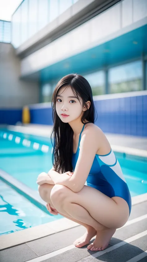 A young woman with long black hair、Wearing a blue one-piece swimsuit with white trim、Crouching by an empty swimming pool。The poo...