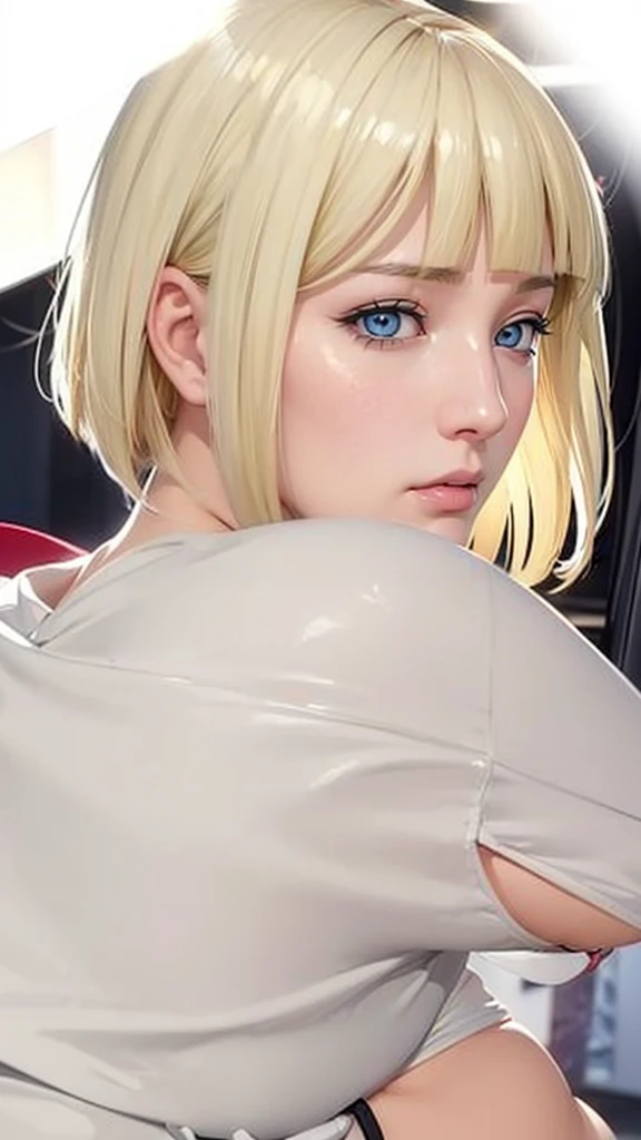 (（（Perfect body,White and tender skin,（（（BLACK KIMONO, CLEAVAGE, VAMBRACES,）））,（（（Samui, Blue eyes, blonde hair, short hair, bangs, blunt bangs,）））,((masterpiece)),high resolution, ((Best quality at best)),masterpiece,quality,Best quality,（（（ Exquisite facial features,Looking at the audience,There is light in the eyes,Poker face）））,From the back）））,（（（Light and shadow,Huge breasts，Plump buttocks）））,（（（Looking at the camera,black background,)））),