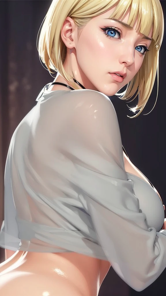 (（（Perfect body,White and tender skin,（（（BLACK KIMONO, CLEAVAGE, VAMBRACES,）））,（（（Samui, Blue eyes, blonde hair, short hair, bangs, blunt bangs,）））,((masterpiece)),high resolution, ((Best quality at best)),masterpiece,quality,Best quality,（（（ Exquisite facial features,Looking at the audience,There is light in the eyes,Poker face）））,From the back）））,（（（Light and shadow,Huge breasts，Plump buttocks）））,（（（Looking at the camera,black background,)））),