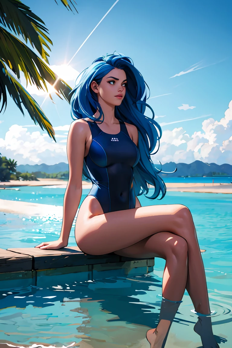 best quality, masterpiece, ultra high res, (photorealistic:1.4), RAW photo, a woman in a swimsuit, small breasts, sitting with legs spread, long blue hair, beach setting, sunlight reflecting on the water, slight breeze in hair
