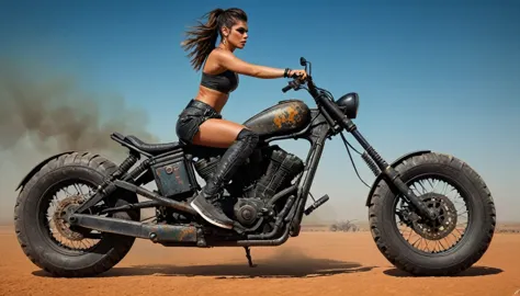 mad max post-apocalyptic punk motorcycle, adriana chechik in sneakers, oil painting trend, muted colors, slate tones, brush stro...