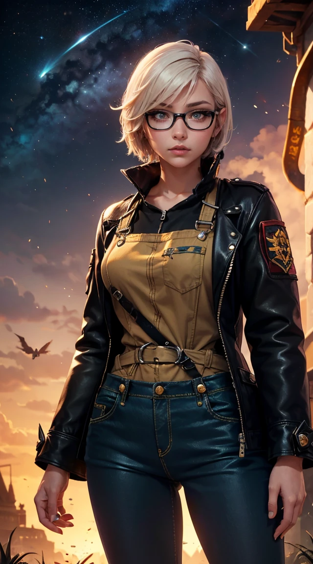 ((Best quality, Ultra quality image, Focus on the character)), ((one character)), Attractive goblin girl, в стиле world of warcraft, with a mature body, short body height, in Engineering overalls and jacket, steampunk with glasses, (with pupils in which you can see the universe)