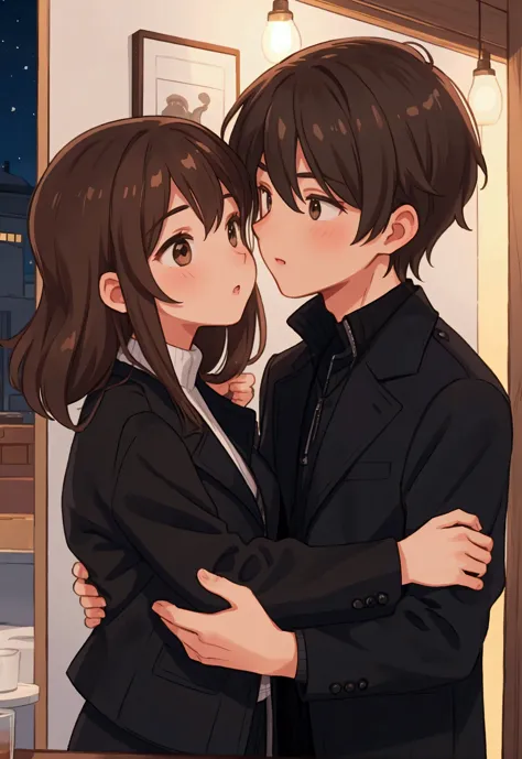 a couple kissing , male and female, brown hair, night time, black jacket