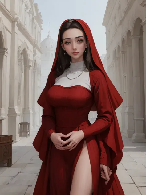 Gorgeous and sultry busty athletic (thin) brunette queen with sharp facial features wearing a dark red medieval dress, long slee...