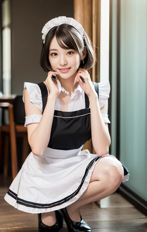 (an intellectual lady with a light colored maid outfit, pretending to work at a maid cafe, she is the winner of 'best smile for ...