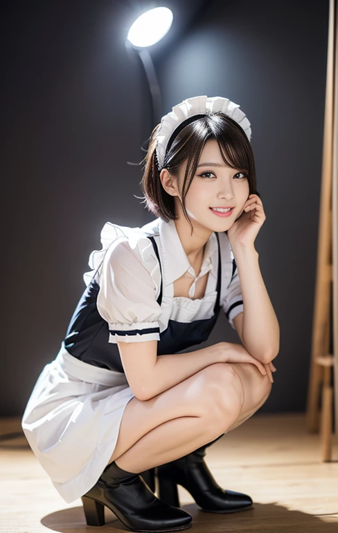 (An intellectual lady with a light colored maid outfit, pretending to work at a maid cafe, she is the winner of 'Best Smile for toothpaste CF', full body shot, gray background, wearing black high heels, short wavy bob hair, squatting pose, (best quality,4k,8k,highres,masterpiece:1.2),ultra-detailed,(realistic,photorealistic,photo-realistic:1.37),detailed facial features,beautiful detailed eyes,beautiful detailed lips,extremely detailed face,longeyelashes,maid uniform,maid cafe interior,studio lighting,vivid colors,warm lighting)