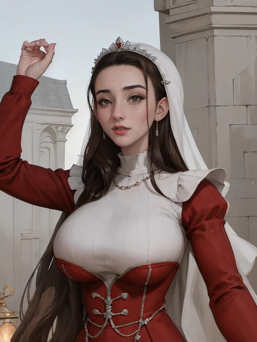 Gorgeous and sultry busty athletic (thin) brunette queen with sharp facial features wearing a dark red medieval dress, long sleeves, wide neck, crown, veil, long dress, modest dress, tight bodice, silver waist chain, medieval jewelry, Middle Ages, castle, rampart, wall, stained glass. massiveboobs