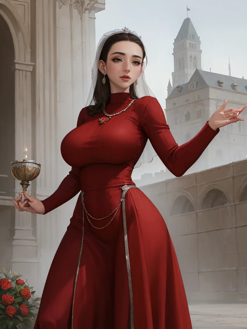 Hermosa y sensual tetona atlética (delgado) Reina morena con rasgos faciales afilados con un vestido medieval rojo oscuro, mangas largas, cuello ancho, corona, Velo, vestido largo, vestido modesto, corpiño ajustado, Cadena de cintura plateada, joyas medievales, Edad media, castillo, rampart, muro, Vitral. tetas enormes