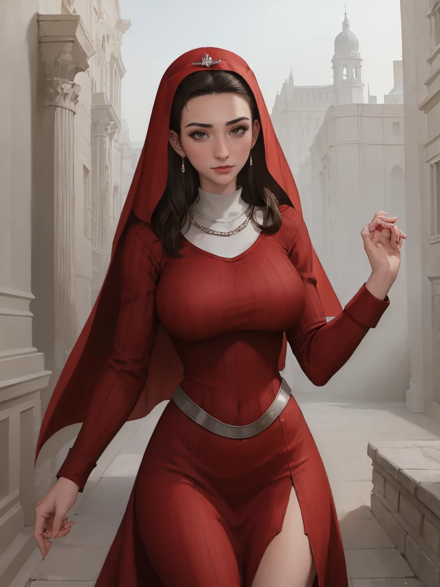 Gorgeous and sultry busty athletic (thin) brunette queen with sharp facial features wearing a dark red medieval dress, long sleeves, wide neck, crown, veil, long dress, modest dress, tight bodice, silver waist chain, medieval jewelry, Middle Ages, castle, rampart, wall, stained glass. massiveboobs