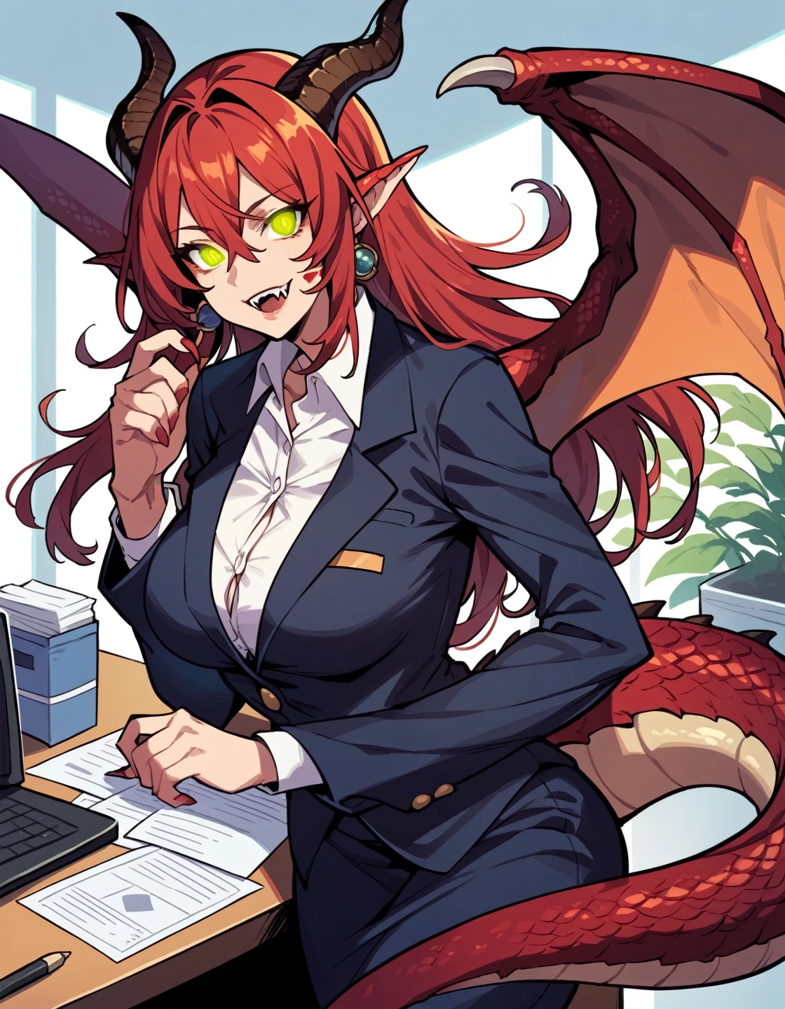 score_9, score_8_up, score_7_up, score_6_up, source_anime, masterpiece, detailed, refined, 1girl, mature female, fantasy, ,detailed background, (office), office attire, suit, red hair, long hair, red reptile glowing eyes, green eyes, dragon ears, dragon tail, dragon horns, dragon wings, fangs, smile, scales on face, takekawamasumi style