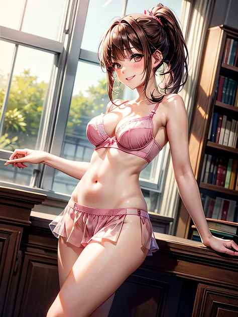 top-quality, Full limbs, Slender beauty, dans une bibliothèque, vue de profil, grosse poitrine, très jeune brune, ponytail, blushing, smiling, pink low-rise transparent miniskirt, pink transparent bra