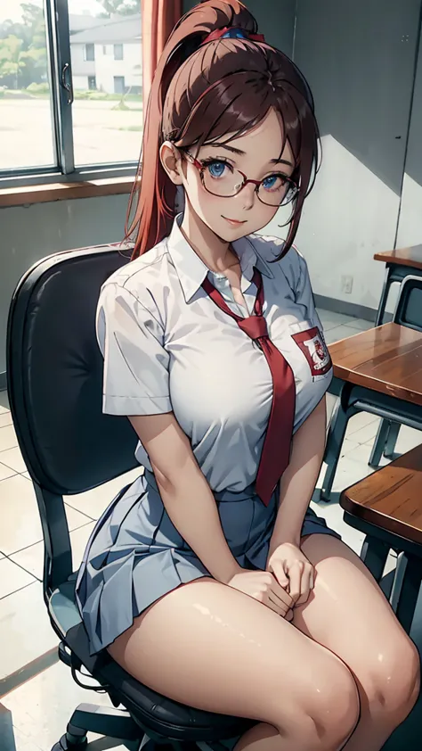 1 woman, 27 years old, red ponytail, plump body, blue eyes, indonesian high-school uniform, wearing glasses, white shirt, osis l...