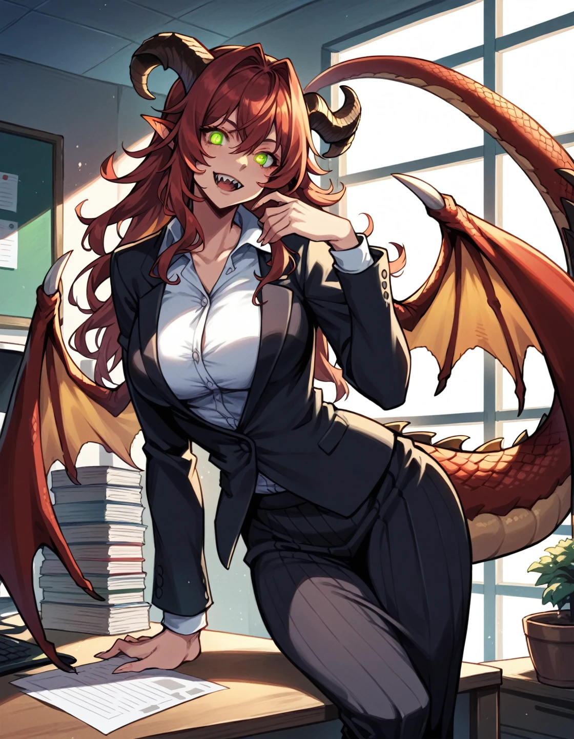 score_9, score_8_up, score_7_up, score_6_up, source_anime, masterpiece, detailed, refined, 1girl, mature female, fantasy, ,detailed background, (office night), dim light, office attire, suit, red hair, long hair, red reptile glowing eyes, green eyes, dragon ears, dragon tail, dragon horns, dragon wings, fangs, smile, scales on face, takekawamasumi style