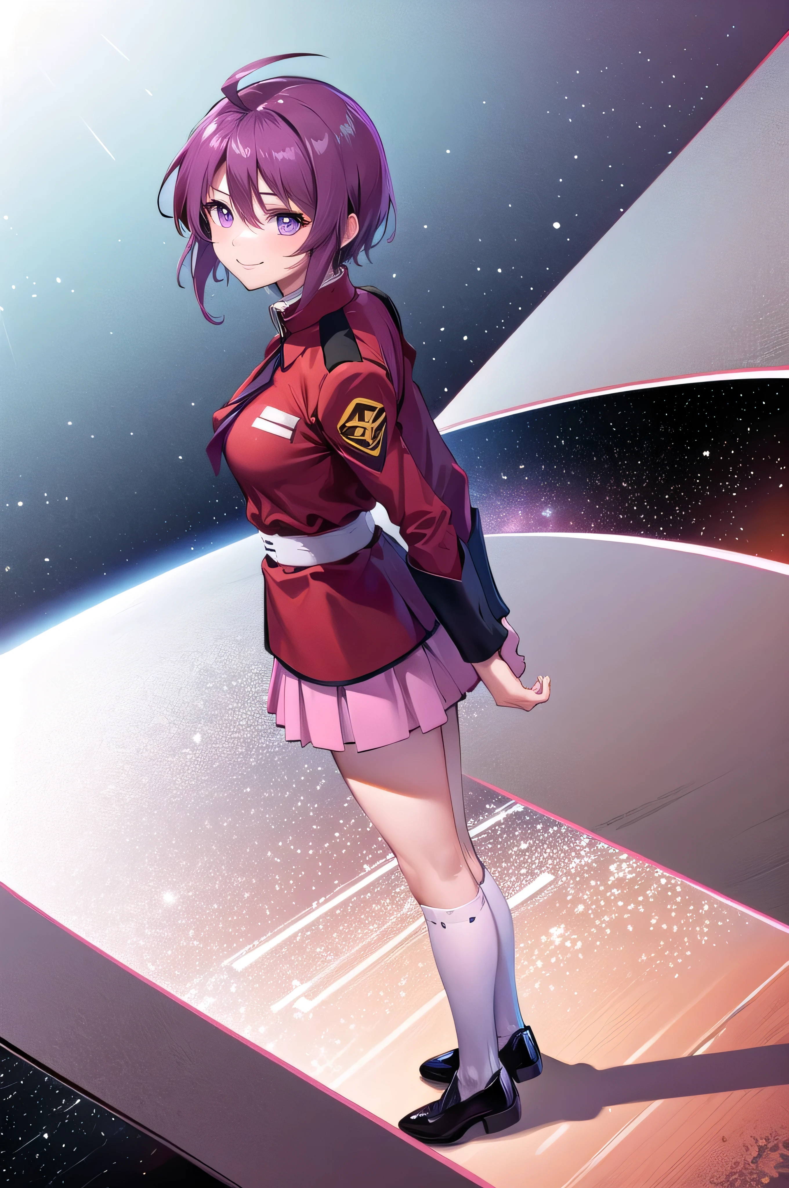 obra de arte,mais alta qualidade,Uma garota,Mulher Madura,Luna Maria Hawke,cabelo curto,Ahoge,ruiva,olhos roxos,Cabelo roxo,Saia rosa,uniforme,meias pretas até o joelho,manga comprida,sorriso,Estão de pé,Coloque os braços atrás das costas,eu já tinha terminado,Dentro do Universo,SF,universo,de cima,ângulo holandês,