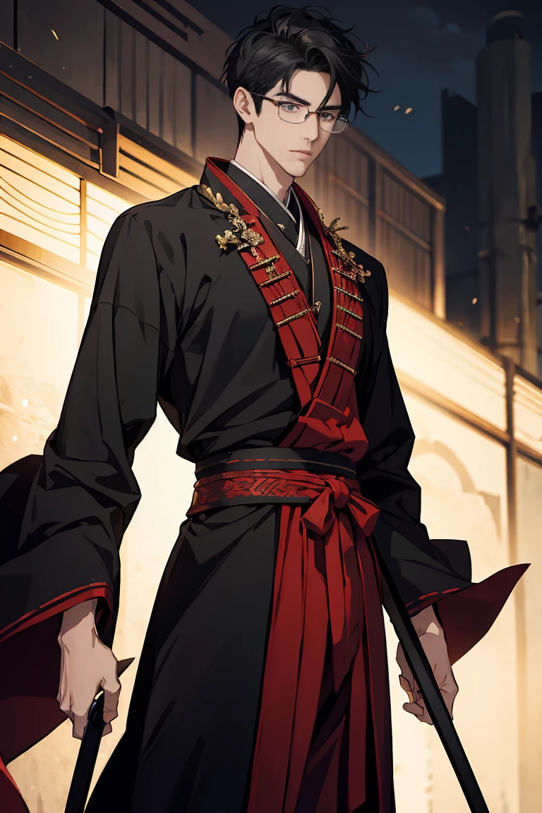 Sorcerer a blackhairedhightlightgreen men, wearing a red samurai armor, short hair, fasion hair, slim body, shirt ornament, hakama, men, handsome face, tall 187cm, 21yearold, male, glasses,Secret