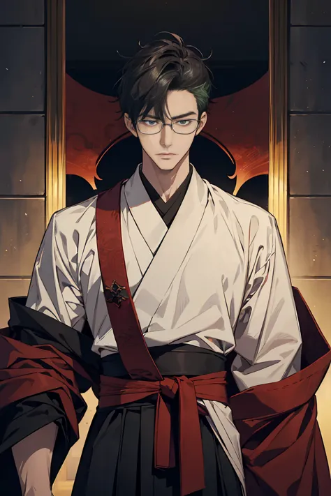 Sorcerer a blackhairedhightlightgreen men, wearing a red samurai armor, short hair, fasion hair, slim body, shirt ornament, haka...