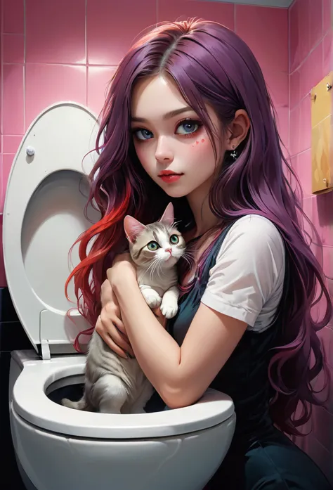 A girl with a cat face standing in the toilet、Sexy eyes、Fine Art、Spooky、Beautiful scenes、Beautiful eyes、Beautiful posture、beauti...