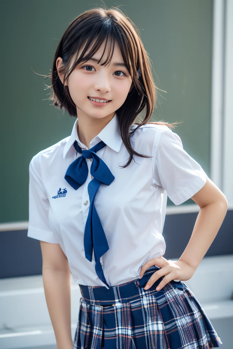 ((school uniform)),ribbon at neck,(school uniform and ((Plaid navy skirt)) and white shirt:1.1), Skin color, big , smile, (8k, RAW Photos, Highest quality, masterpiece:1.2), masterpiece, super detailed, super high quality, (Realistic and Realistic photography:1. 37), High-resolution RAW color photos, Very delicate and beautiful, highly detailed, 8k壁紙, wonderful, detailed, Very eye, very detailed, very detailed skin, very thin fingers, very detailed nose, very detailed mouth, Perfect Anatomy, Upper Body, studio, Soft lighting, A full-body shot of a cute idol wearing a one-piece swimsuit, Playful pose, Hands on hips, smile, Pastel Background, Realistic, Attention to detail, studio photography