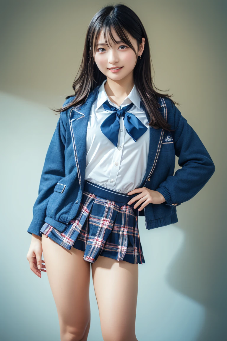 ((school uniform)),ribbon at neck,(school uniform and ((Plaid navy skirt)) and white shirt:1.1), Skin color, big , smile, (8k, RAW Photos, Highest quality, masterpiece:1.2), masterpiece, super detailed, super high quality, (Realistic and Realistic photography:1. 37), High-resolution RAW color photos, Very delicate and beautiful, highly detailed, 8k壁紙, wonderful, detailed, Very eye, very detailed, very detailed skin, very thin fingers, very detailed nose, very detailed mouth, Perfect Anatomy, Upper Body, studio, Soft lighting, A full-body shot of a cute idol wearing a one-piece swimsuit, Playful pose, Hands on hips, smile, Pastel Background, Realistic, Attention to detail, studio photography