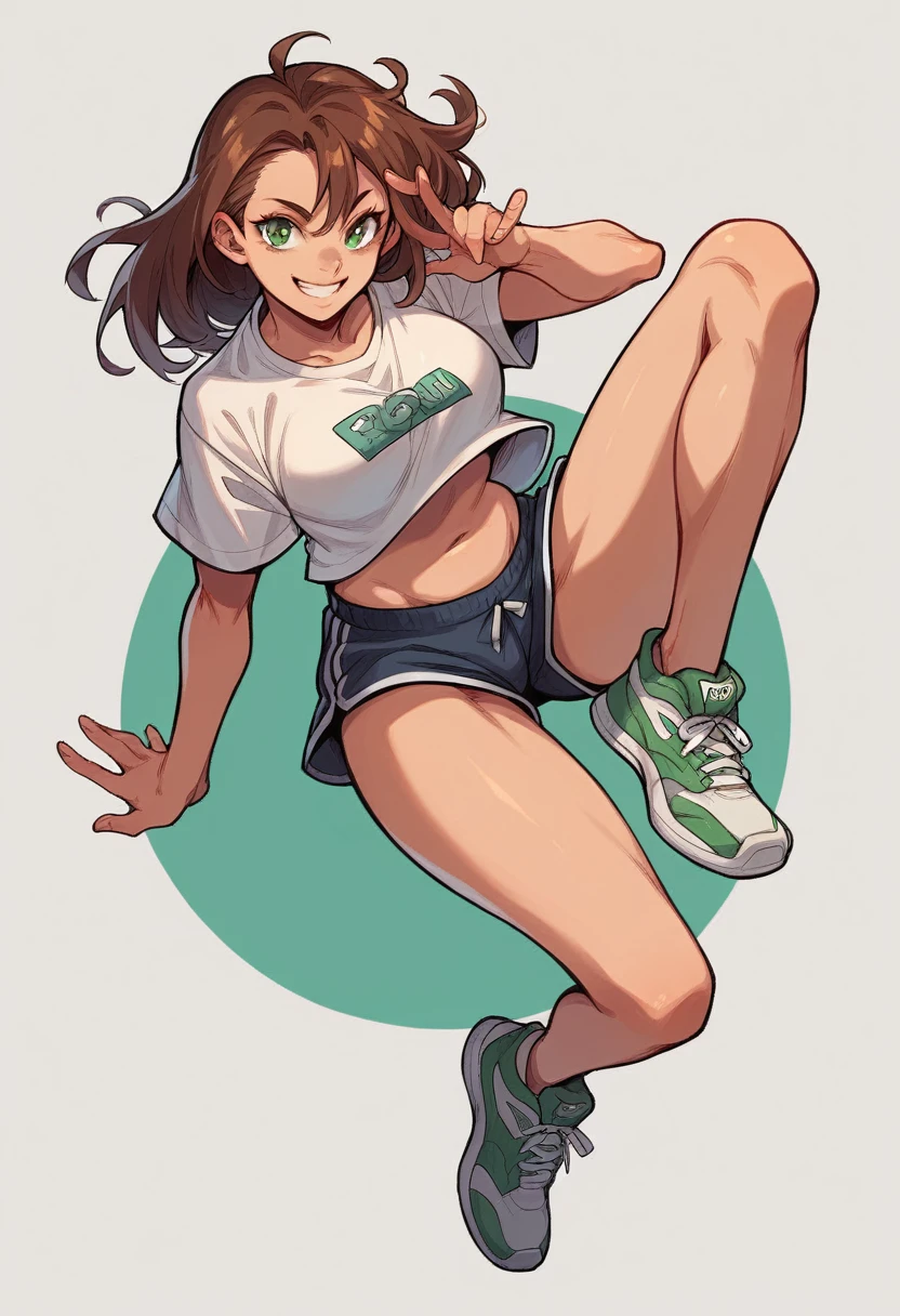 score_9, score_8_up, score_7_up, 1 girl, brown hair, dark green eyes, hourglass figure, smile, t-shirt, miniskirt, sneakers, navel, large bust, dynamic pose, simple background, white background,
