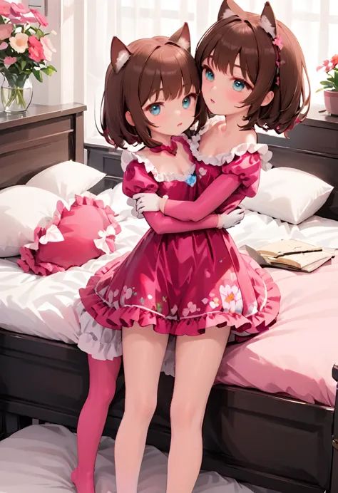 (Style-Princess) (1 man, 1 catgirl) (hetero, couple) (crossdressing, fully clothed) (brown hair, blue eyes) (portrait) (women's ...