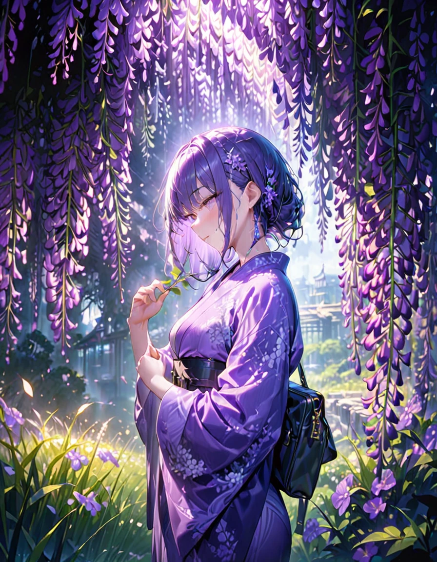 朧月、Woman in purple kimono、Looking down、Wisteria flower、Green Grass、night、moonlight、(((masterpiece))), (Highest quality), (Super detailed), (very_expensive_solve), (big_file size), (Full Color)