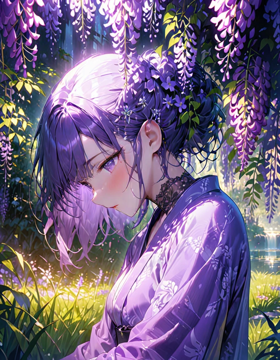 朧月、Woman in purple kimono、Looking down、Wisteria flower、Green Grass、night、moonlight、(((masterpiece))), (Highest quality), (Super detailed), (very_expensive_solve), (big_file size), (Full Color)