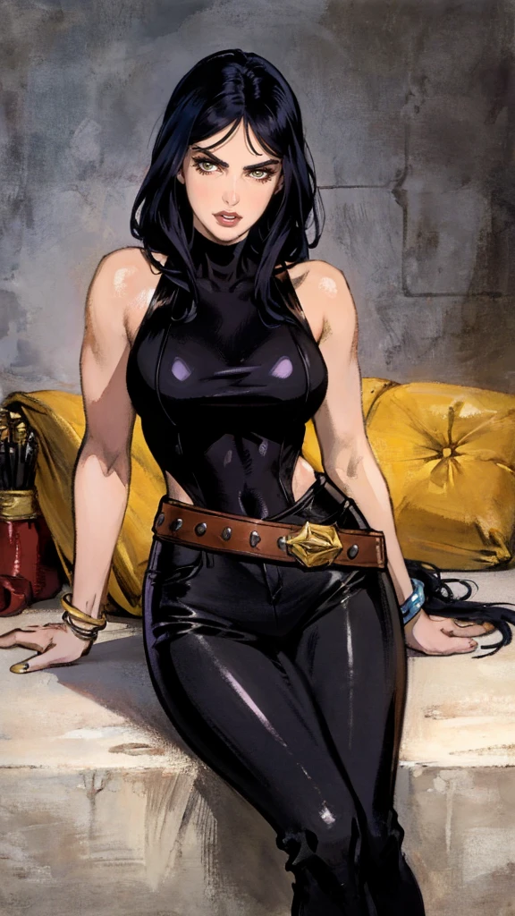 A beautiful woman with long shiny black hair, choppy bangs, a delicate face, a cold proud gaze, a fit figure, a fantasy-style high-necked leather breastplate top, sleeveless, exposes her waist, a bracelet adorns her wrist, tight-fitting leather pants, her right hand holds a Katana with a blue scabbard, she lounges casually sitting on a rooftop, this character embodies a finely crafted fantasy-style bounty hunter in anime style, exquisite and mature manga art style, (Alexandra Daddario:1.2), high definition, best quality, highres, ultra-detailed, ultra-fine painting, extremely delicate, professional, anatomically correct, symmetrical face, extremely detailed eyes and face, high quality eyes, creativity, RAW photo, UHD, 32k, Natural light, cinematic lighting, masterpiece-anatomy-perfect, masterpiece:1.5