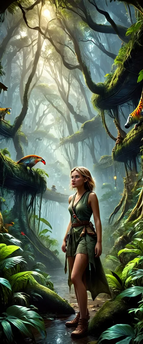 a beautiful girl exploring the mysterious jungle, detailed wildlife, exotic animals, dangerous traps, detailed realistic paintin...