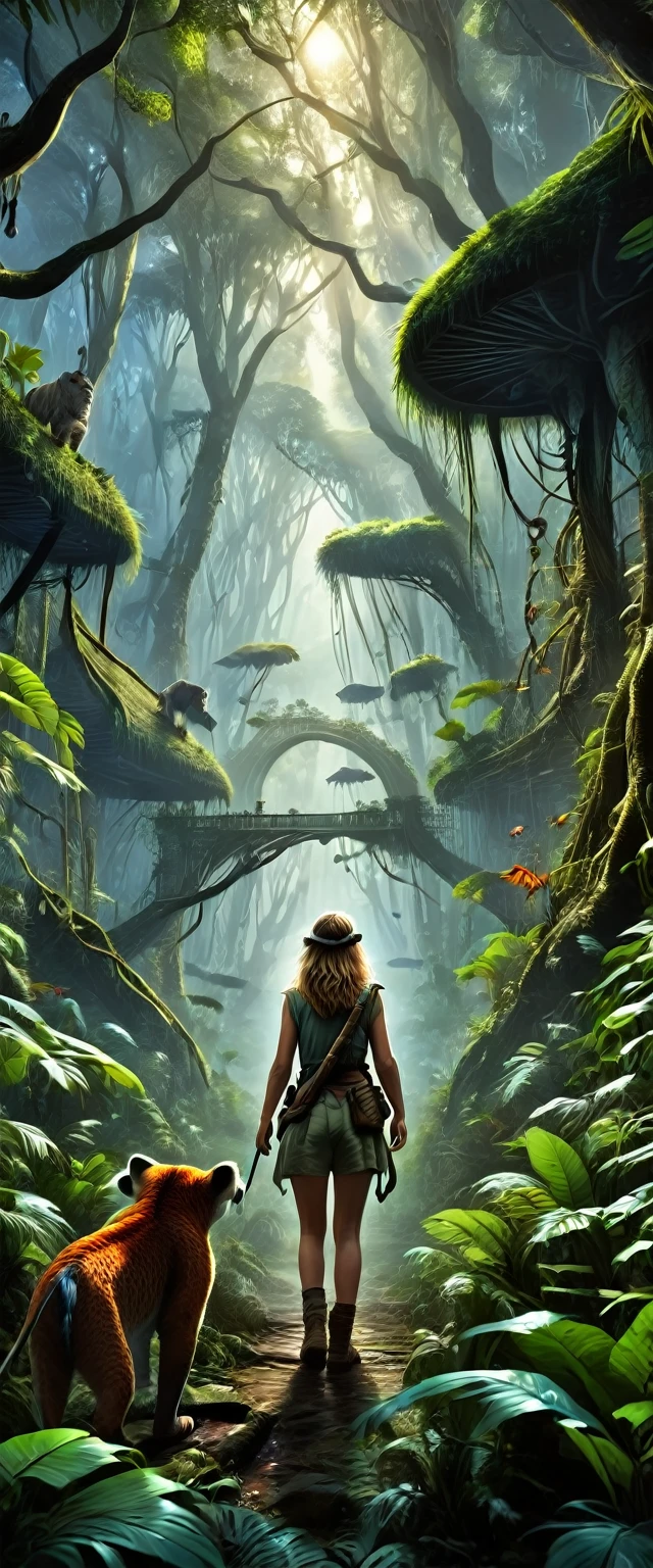 A beautiful girl exploring the mysterious jungle, detailed wildlife, exotic animals, dangerous traps, detailed realistic painting, cinematic lighting, dramatic colors, (best quality,4k,8k,highres,masterpiece:1.2),ultra-detailed,(realistic,photorealistic,photo-realistic:1.37),fantasy,adventure,concept art