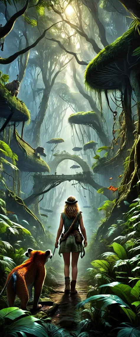 a beautiful girl exploring the mysterious jungle, detailed wildlife, exotic animals, dangerous traps, detailed realistic paintin...