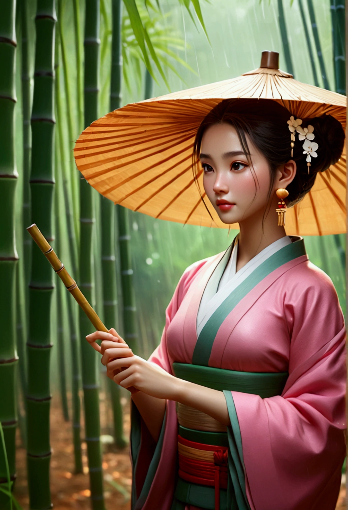 Masterpiece, extremely detailed CG unity 8k wallpaper, 1 girl, beautiful, realistic, blur, blurred background, blurred foreground, bamboo forest, depth of field, earrings, jewelry, nose, realistic, solo, hanfu, holding oli paper umbrella, rain