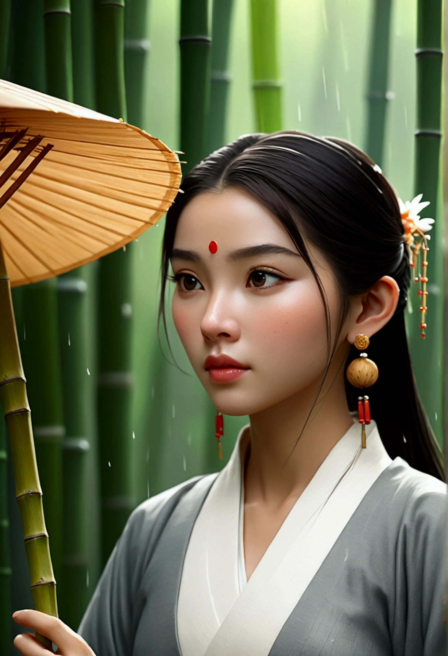 Masterpiece, extremely detailed CG unity 8k wallpaper, 1 girl, beautiful, realistic, blur, blurred background, blurred foreground, bamboo forest, depth of field, earrings, jewelry, nose, realistic, solo, hanfu, holding oli paper umbrella, rain