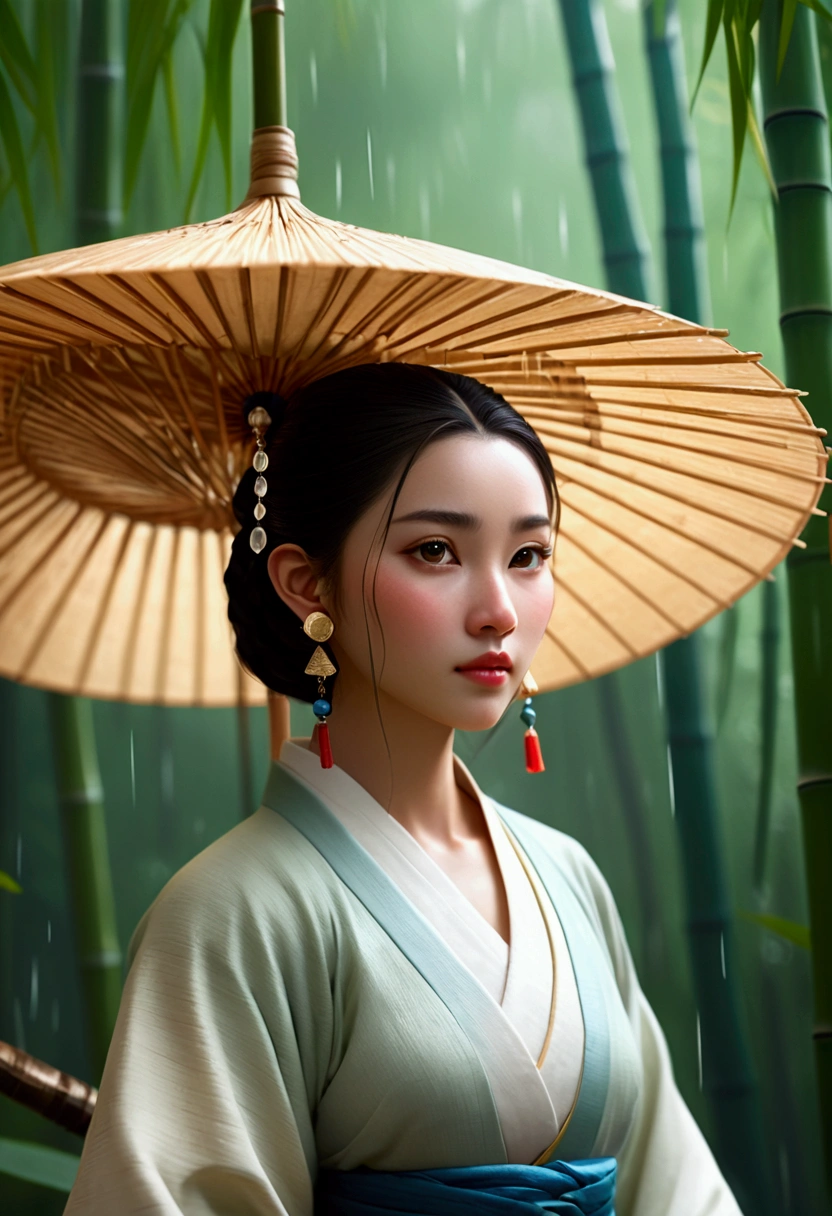 Masterpiece, extremely detailed CG unity 8k wallpaper, 1 girl, beautiful, realistic, blur, blurred background, blurred foreground, bamboo forest, depth of field, earrings, jewelry, nose, realistic, solo, hanfu, holding oli paper umbrella, rain