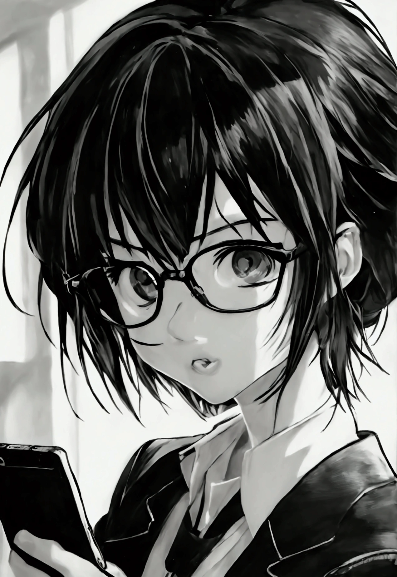  anime with black hair and glasses holding a cell phone, ahegao face, black and white manga style, detailed anime face, ahegao, detailed anime soft face, highly detailed angry anime face, detailed manga style, black and white manga panel, black and white manga, piercing look, perfect anime face, in manga style, pout, detailed - face!!