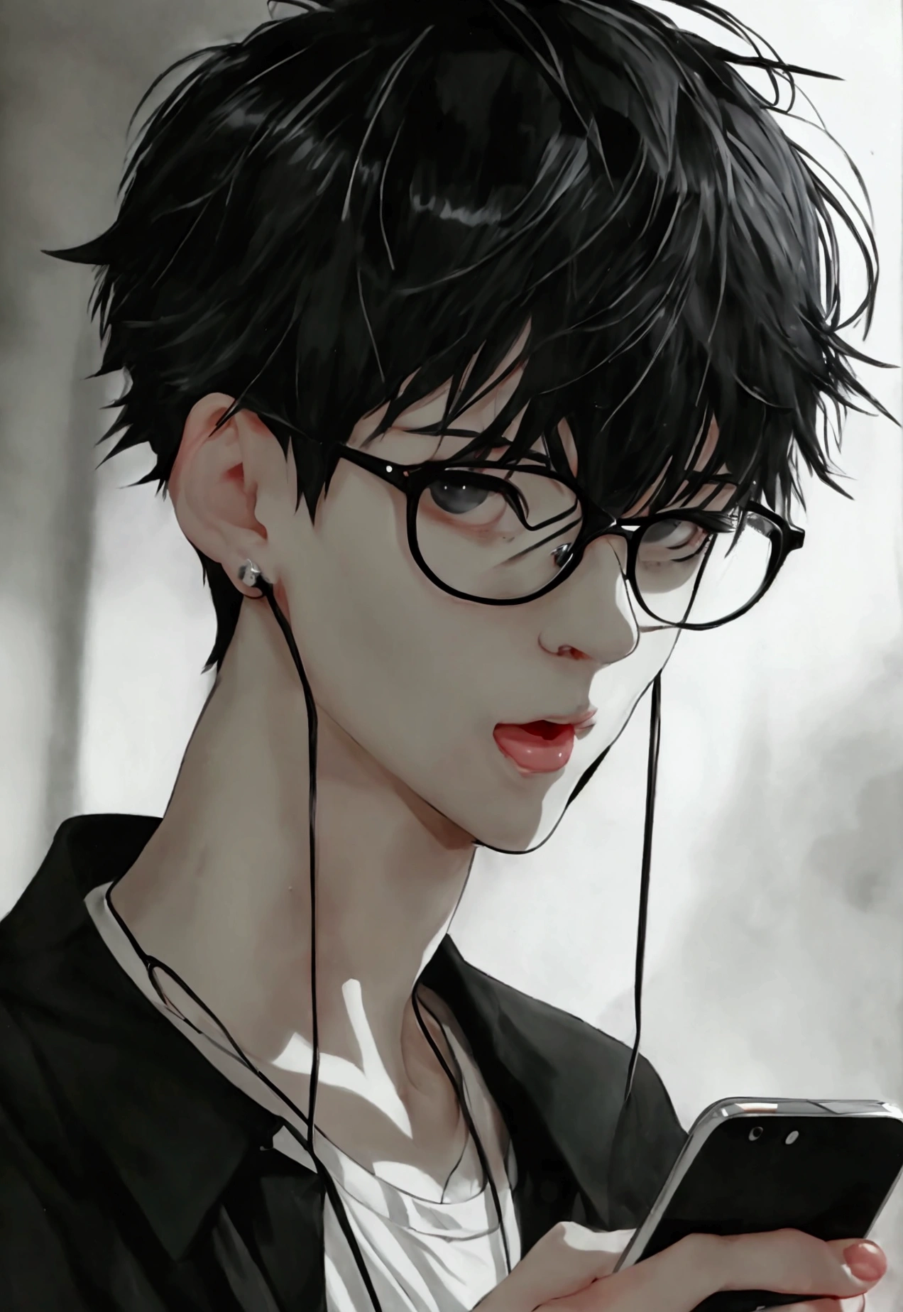  anime with black hair and glasses holding a cell phone, ahegao face, black and white manga style, detailed anime face, ahegao, detailed anime soft face, highly detailed angry anime face, detailed manga style, black and white manga panel, black and white manga, piercing look, perfect anime face, in manga style, pout, detailed - face!!