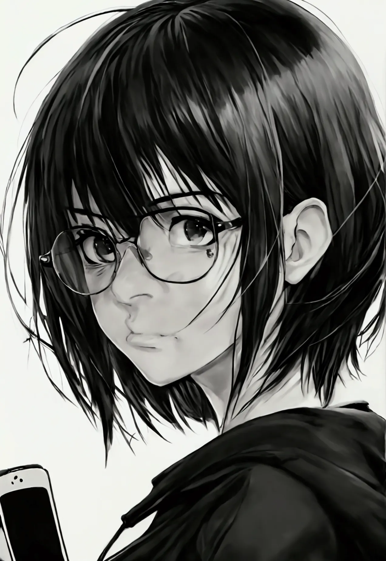 anime with black hair and glasses holding a cell phone, ahegao face, black and white manga style, detailed anime face, ahegao, d...