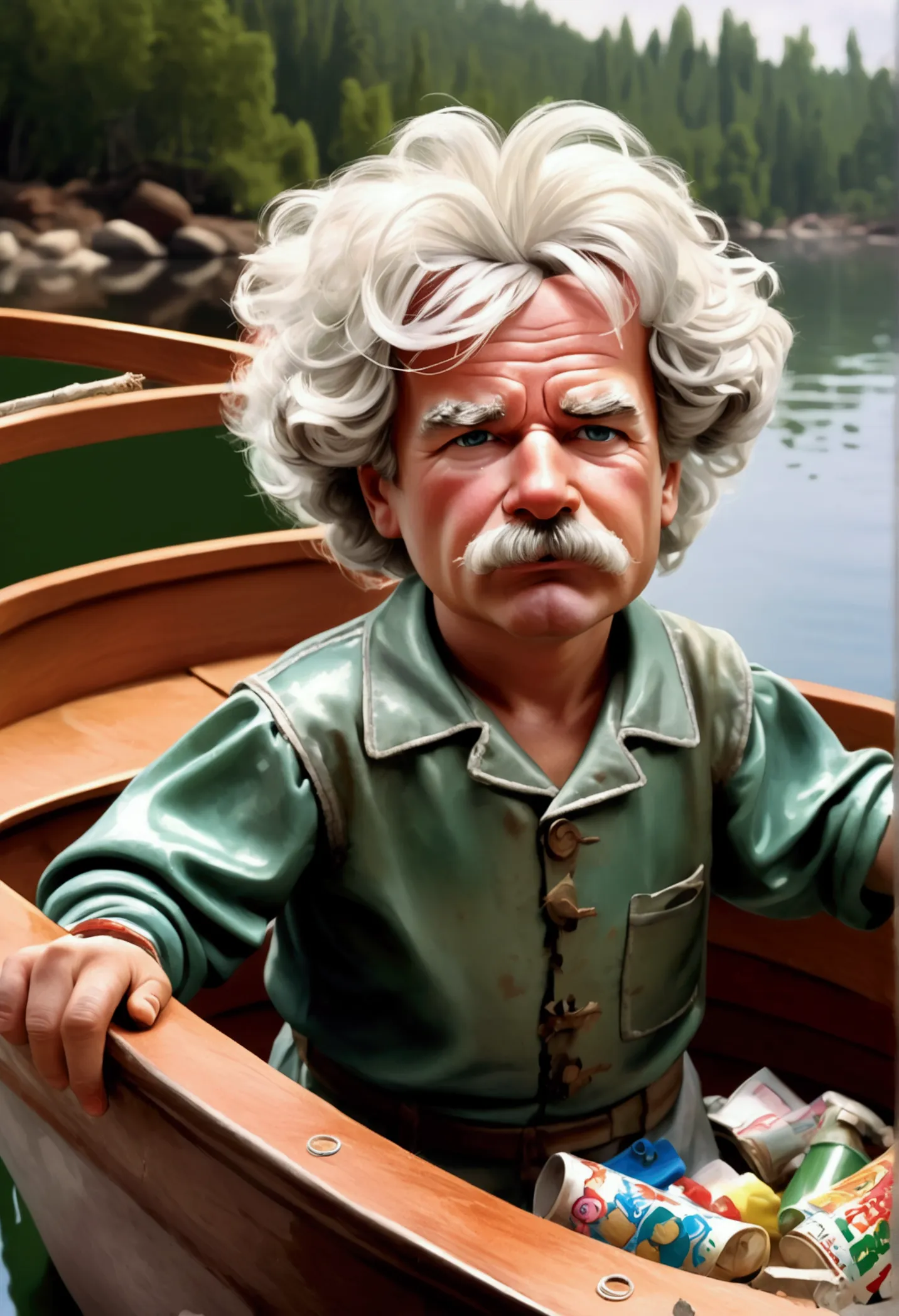 ((mark twain as a garbage pail kid, inside a boat, dirty disgusting kid)), snot on kid, lakeside background, 3d cartoon, high qu...