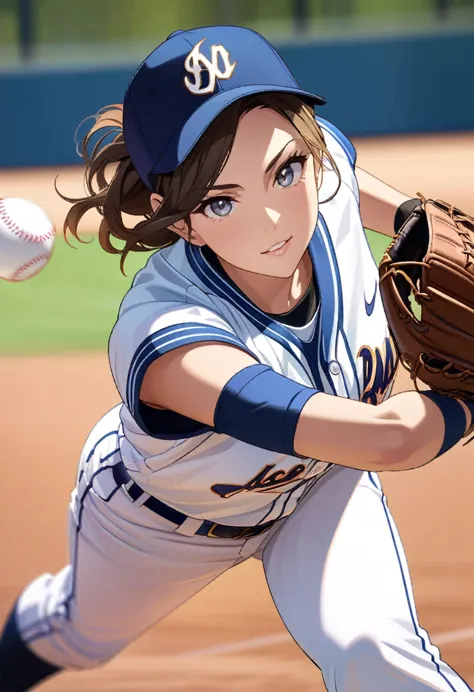 anime baseball player in a blue and white uniform throwing a baseball, marin kitagawa fanart, official art, high detailed offici...