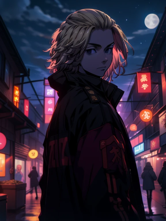 depth of field, sharp detail, best quality, looking at viewer, 1boy, solo, male focus, manjirou_sano, blonde hair, black eyes,purple jaket,neon jaket,old town,night time,moon rise ,Mikey