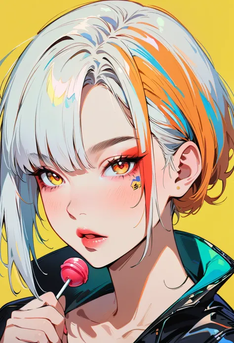 (masterpiece, best quality:1.4), 1 girl, 独奏, Anime style, Colorful pupils, Blurred eyes, With a lollipop, Pink lower lip, Cyberpunk style makeup, Orange red lower eye shadow, Short silver asymmetrical hair, Asymmetrical short hairstyle, Long bangs on one side, Color highlights, Black off-the-shoulder leather jacket, Pure yellow background.