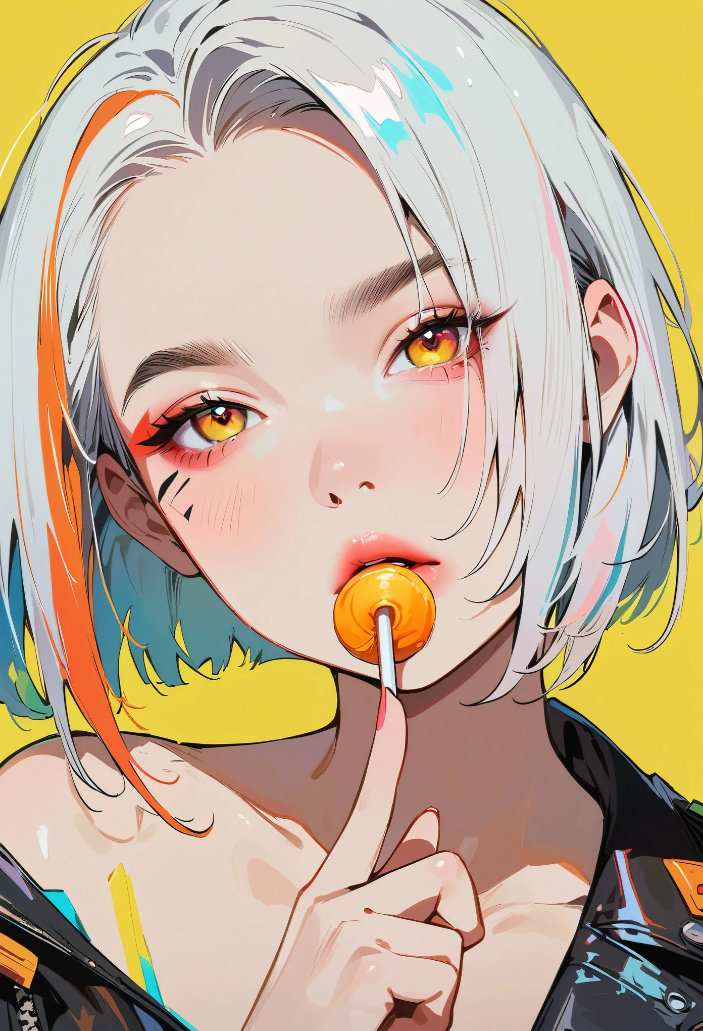 (masterpiece, best quality:1.2), 1 girl, 独奏, Anime style, Colored pupils, With a lollipop, Pink lower lip, Cyberpunk style makeup, Orange red lower eye shadow, Short silver asymmetrical hair, Asymmetrical short hairstyle, Long bangs on one side, Color highlights, Black off-the-shoulder leather jacket, Pure yellow background.