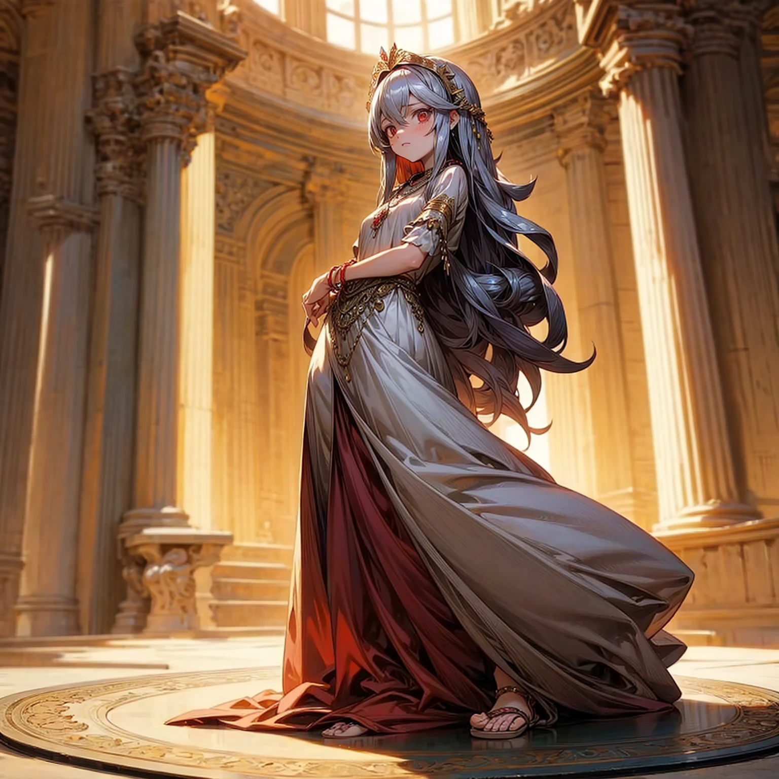 1childern girl, Full body version, 1character, red eyes, long haircut, silver colour hair, Ancient Roman clothing, long dress clothing, Bracelets, necklaces, sandals, Grassroots, background indoor Castleford, motion blur, lighting, (one piece art)