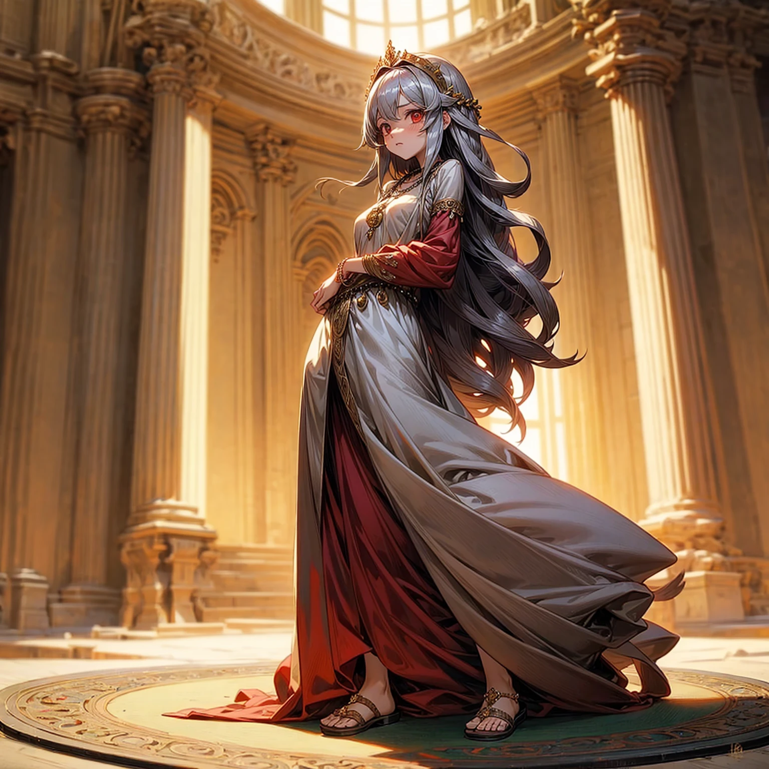 1childern girl, Full body version, 1character, red eyes, long haircut, silver colour hair, Ancient Roman clothing, long dress clothing, Bracelets, necklaces, Golg sandals , Grassroots, background indoor Castleford, motion blur, lighting, (one piece art)