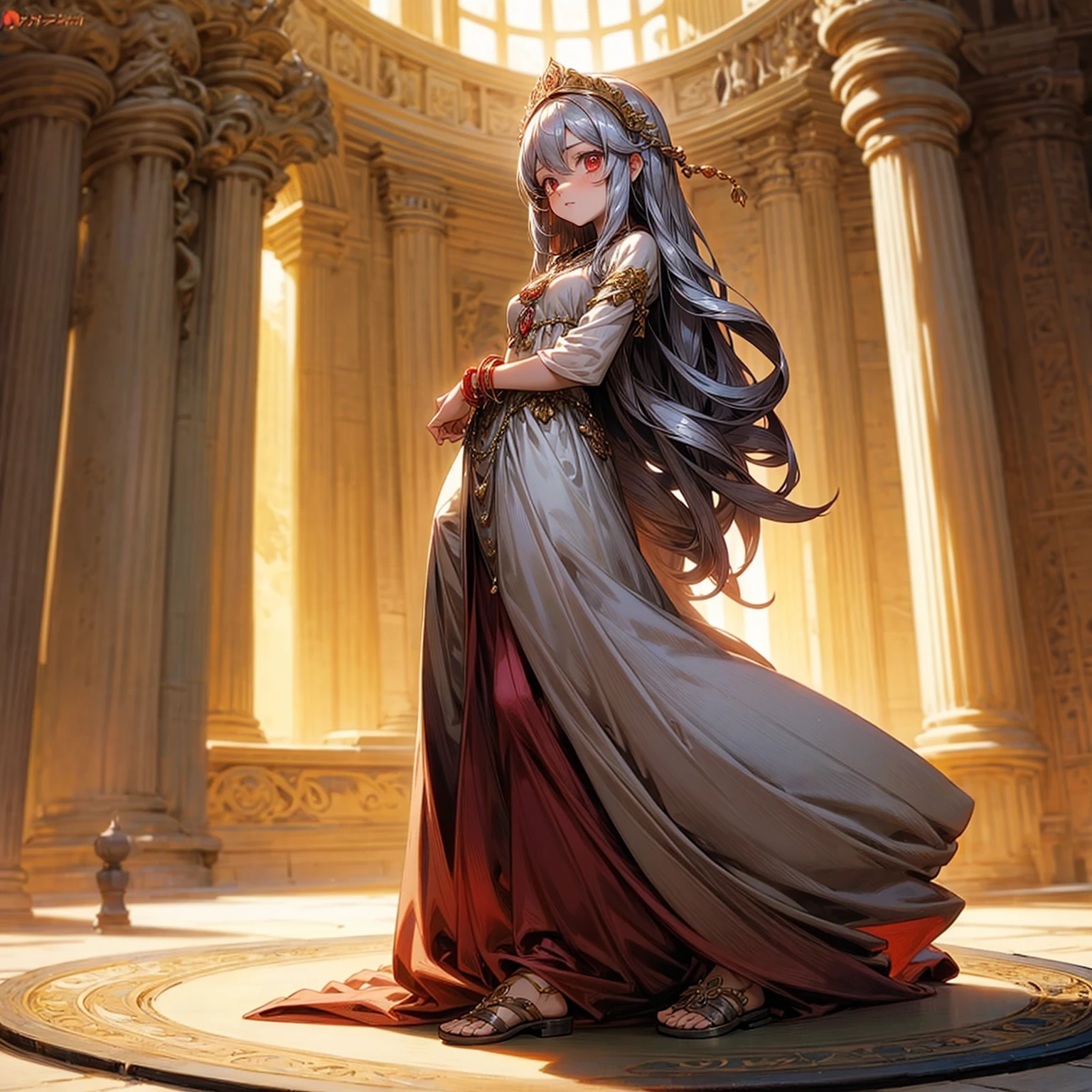 1childern girl, Full body version, 1character, red eyes, long haircut, silver colour hair, Ancient Roman clothing, long dress clothing, Bracelets, necklaces, Golg sandals , Grassroots, background indoor Castleford, motion blur, lighting, (one piece art)