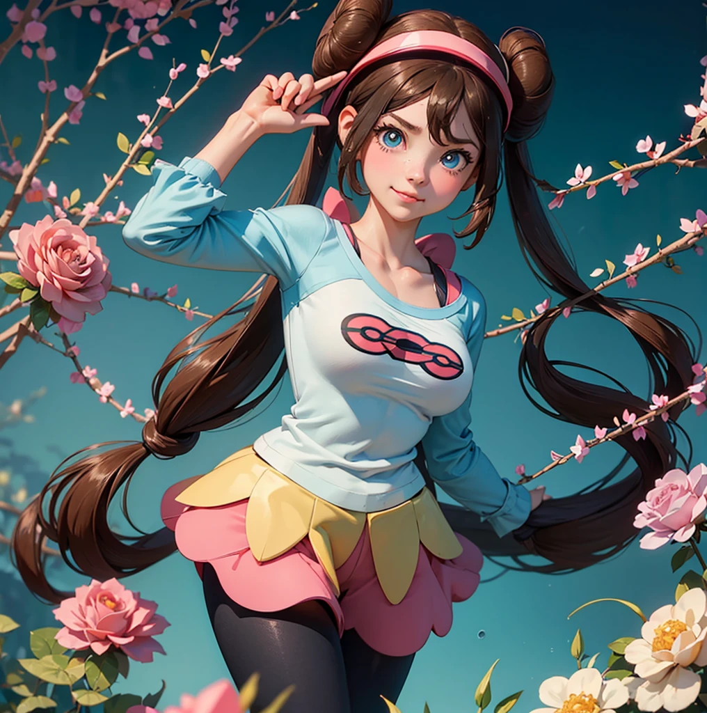 (((Rosa (pokemon),))) aqua blue eyes, dark brown hair, long pigtails with side strands, double bun, hair between eyes, big tits nude , 15 years old, collarbone, black pantyhose, 1 girl, alone, very aesthetic , best quality, amazing quality, nude huge tits Bust, smile